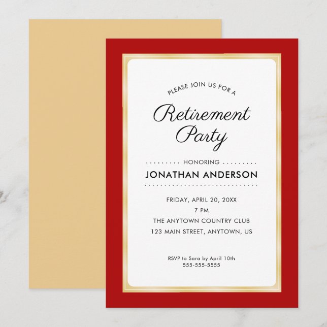 Retirement Party | Red and Gold Invitation (Front/Back)