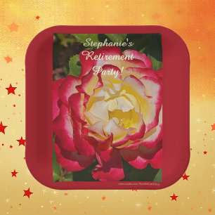 Retirement Party Red and Gold Rose Floral Macro Paper Plates