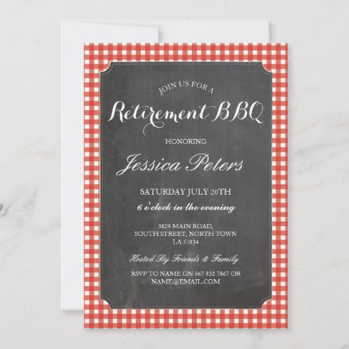 Retirement Party Red Check Rustic Chalk BBQ Invitation