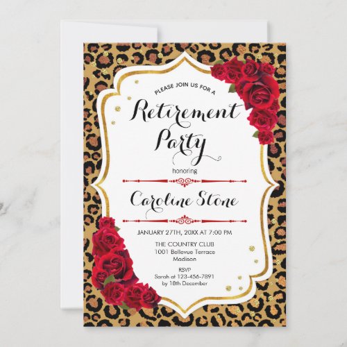 Retirement Party _ Red Gold Leopard Print Invitation
