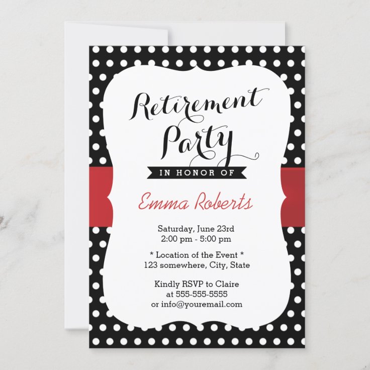 Retirement Party Red Ribbon Black White Polka Dot Invitation | Zazzle