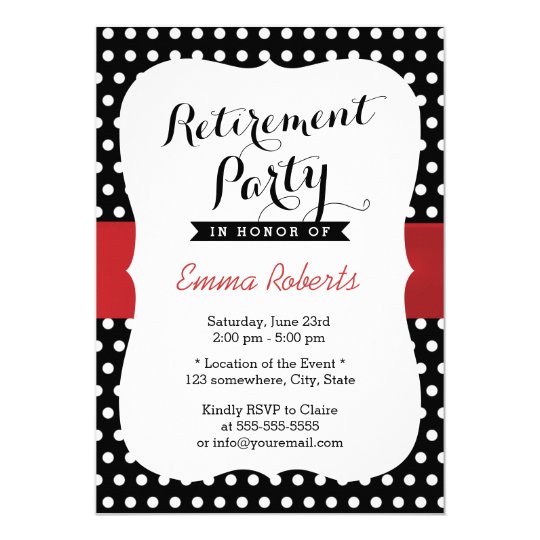 retirement party red ribbon black white polka dot invitation