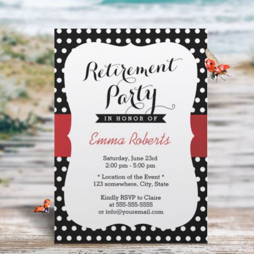 Retirement Party Red Ribbon Black White Polka Dot Invitation