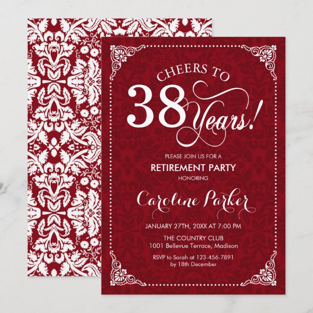 Retirement Party - Red White Damask Invitation (Front/Back)