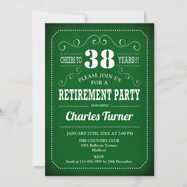 Retirement Party - Retro Green White Invitation (Front)