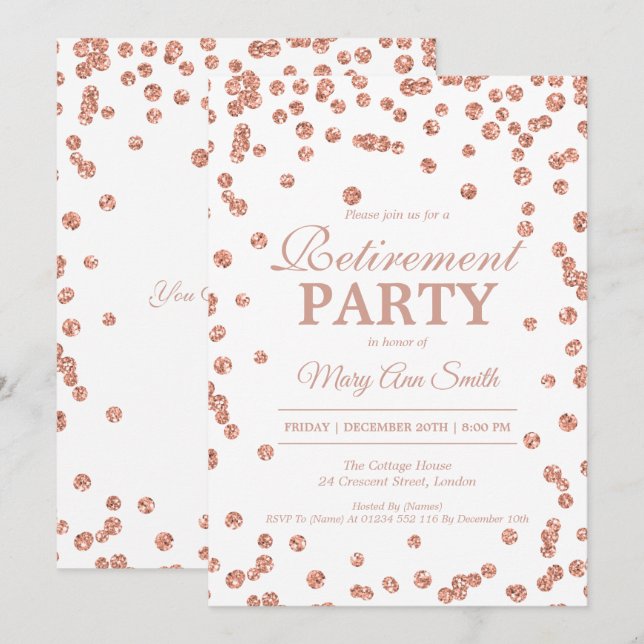 Retirement Party Rose Gold Glitter Confetti Invitation (Front/Back)