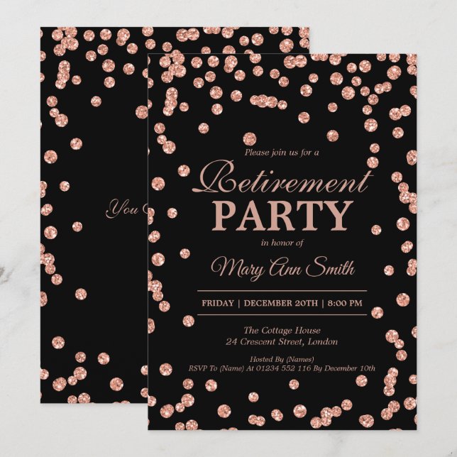 Retirement Party Rose Gold Glitter Confetti Invitation (Front/Back)