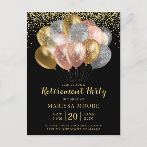 Retirement Party Rose Gold Silver Black  Announcement Postcard