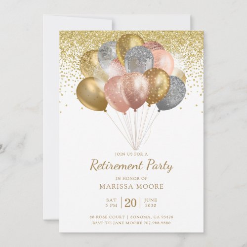 Retirement Party Rose Gold Silver Gold Balloons Invitation