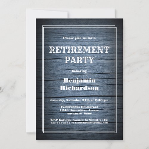 Retirement Party Rustic Blue Wood Invitation