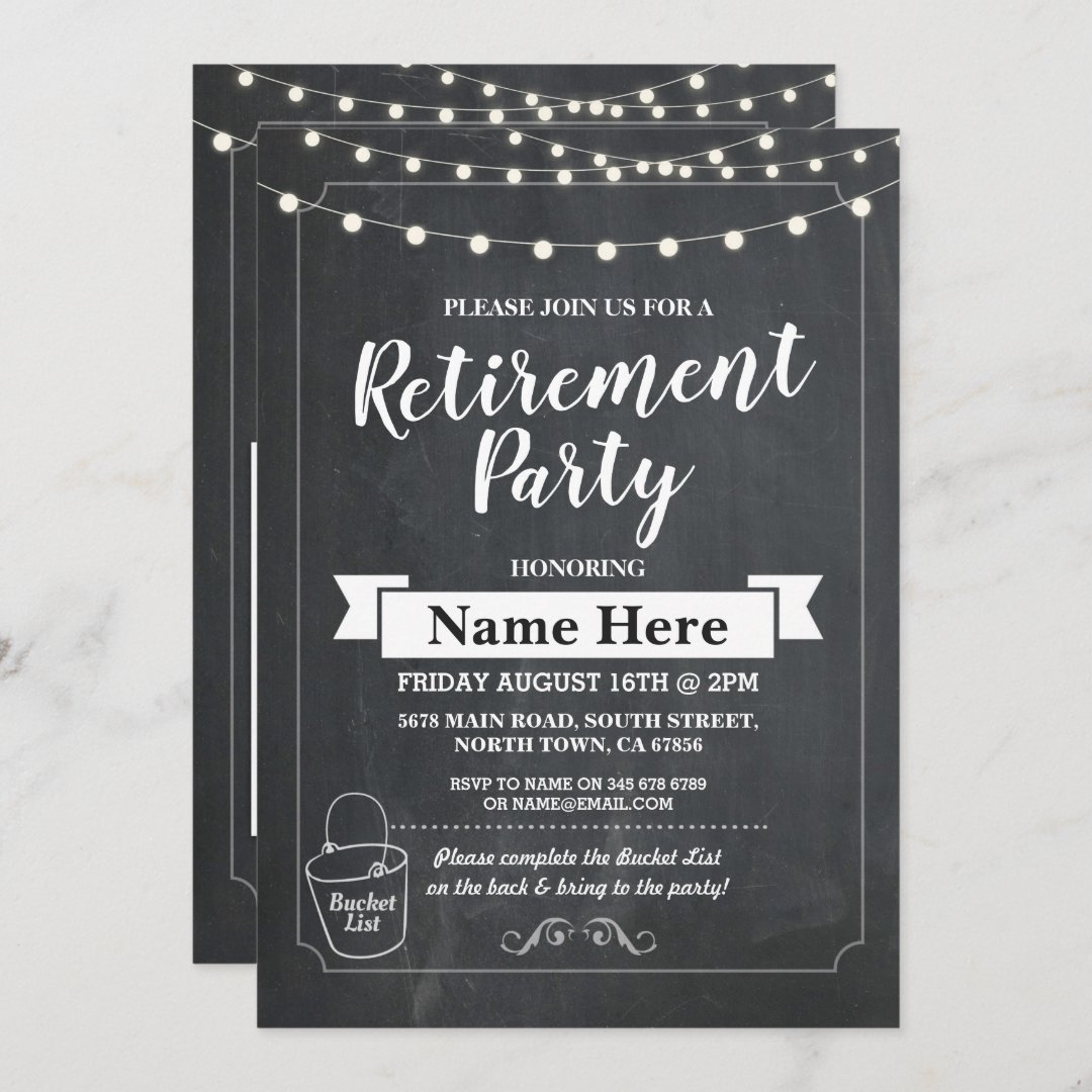 Retirement Party Rustic Bucket List Chalk Invite | Zazzle