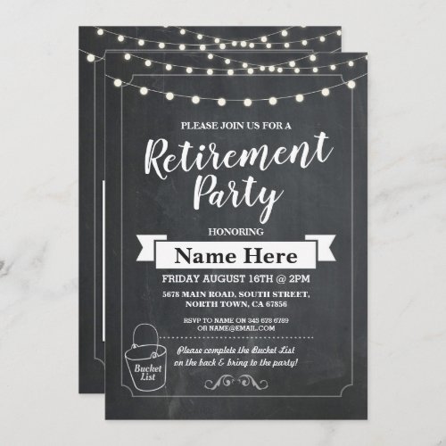 Retirement Party Rustic Bucket List Chalk Invite