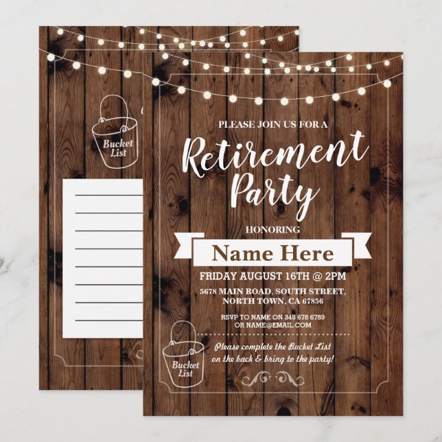 Retirement Party Rustic Bucket List Wood Invite (Front/Back)