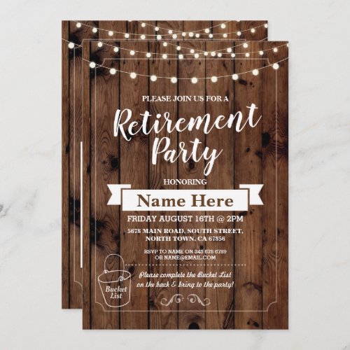 Retirement Party Rustic Bucket List Wood Invite