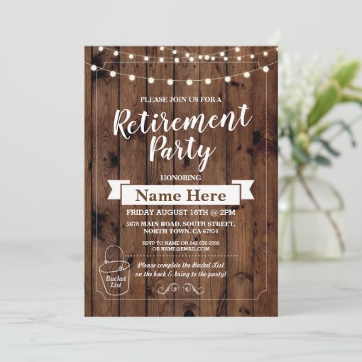 Retirement Party Rustic Bucket List Wood Invite | Zazzle