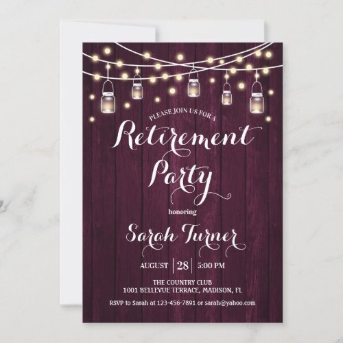 Retirement Party _ Rustic Burgundy Maroon Wood Invitation