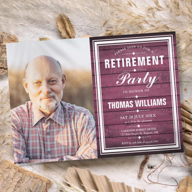 Retirement Party Rustic Burgundy Wood Photo Invitation | Zazzle