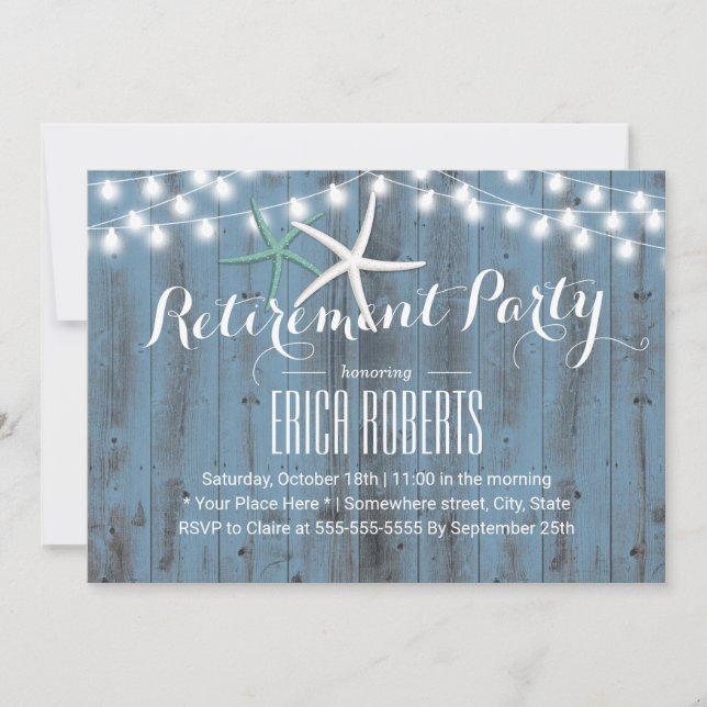 Retirement Party Rustic Dusty Blue Beach Starfish Invitation (Front)