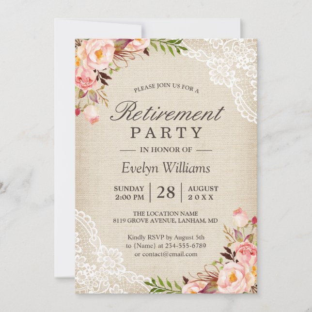 Retirement Party - Rustic Floral Ivory Burlap Lace Invitation (Front)