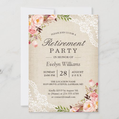 Retirement Party _ Rustic Floral Ivory Burlap Lace Invitation