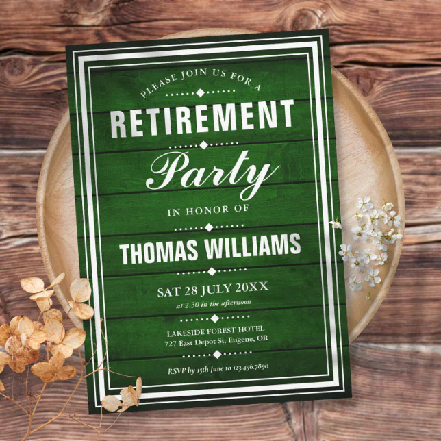 Retirement Party Rustic Green Wood Panels Invitation | Zazzle