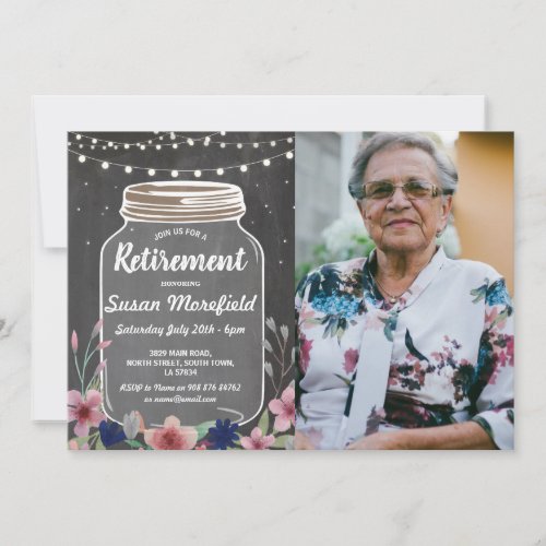 Retirement Party Rustic Jar Chalk Floral Photo Invitation