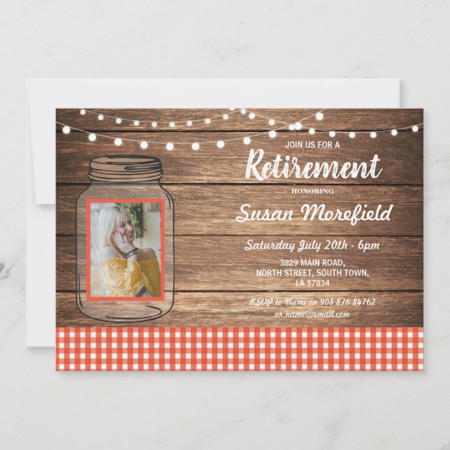 Retirement Party Rustic Jar Wood Red Gingham Photo Invitation (Front)