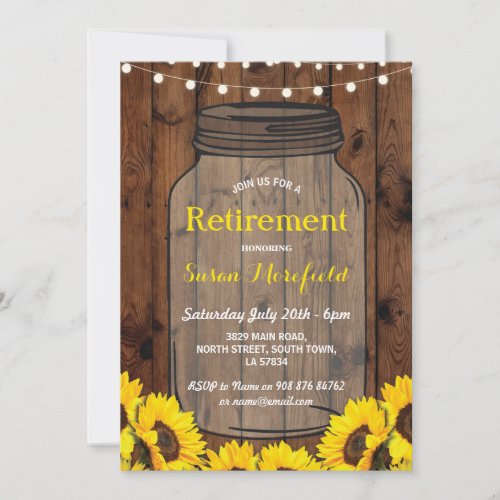 Retirement Party Rustic Jar Wood Sunflower Invite