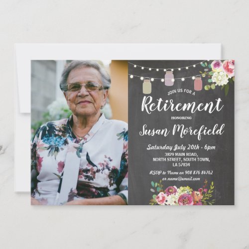 Retirement Party Rustic Jars Chalk Floral Photo Invitation