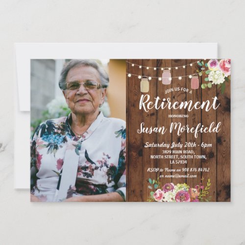 Retirement Party Rustic Jars Wood Floral Photo Invitation