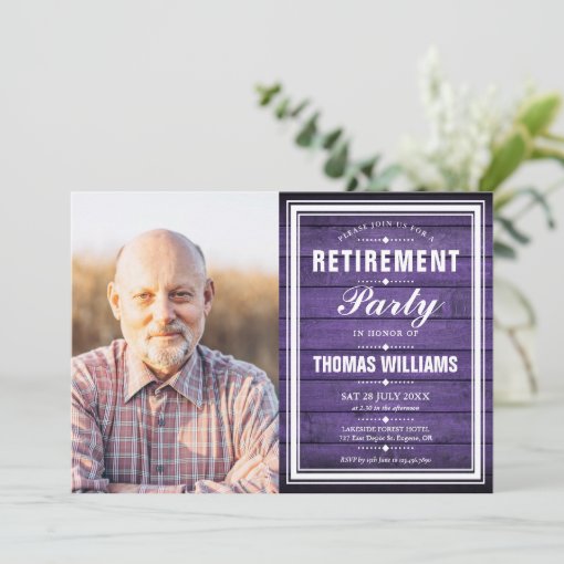 Retirement Party Rustic Purple Barn Wood Photo Invitation | Zazzle