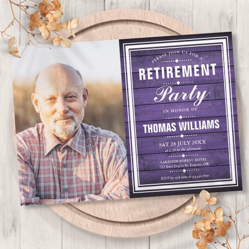 Retirement Party Rustic Purple Barn Wood Photo Invitation