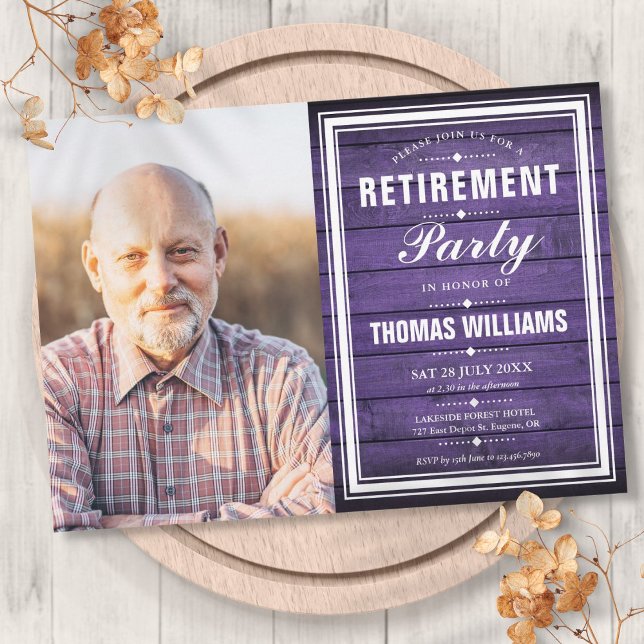 Retirement Party Rustic Purple Barn Wood Photo Invitation (Retirement Party Rustic Purple Barn Wood Photo Invitation)