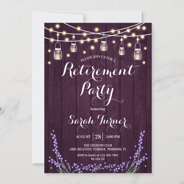Retirement Party - Rustic Purple Wood  Lavender Invitation (Front)