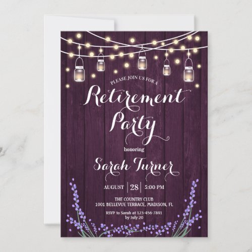 Retirement Party _ Rustic Purple Wood  Lavender Invitation