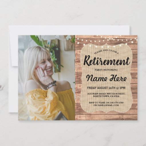 Retirement Party Rustic Retired Wood Burlap Photo Invitation | Zazzle