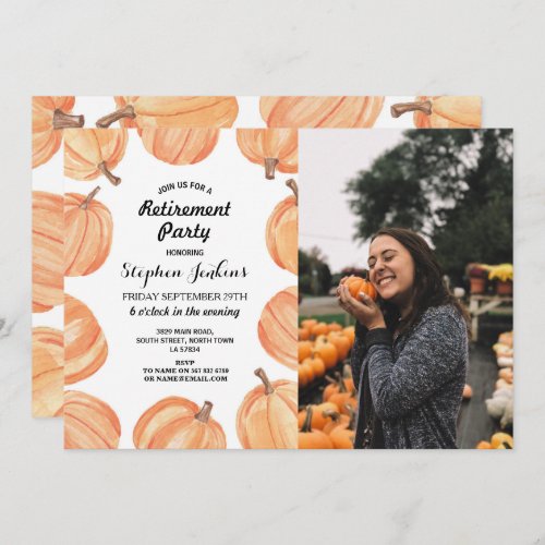 Retirement Party Rustic Watercolor Pumpkin Photo Invitation