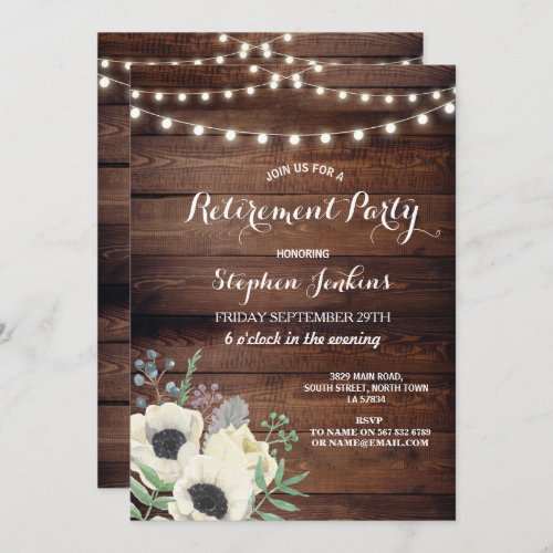 Retirement Party Rustic Wood Anemone Floral Invitation