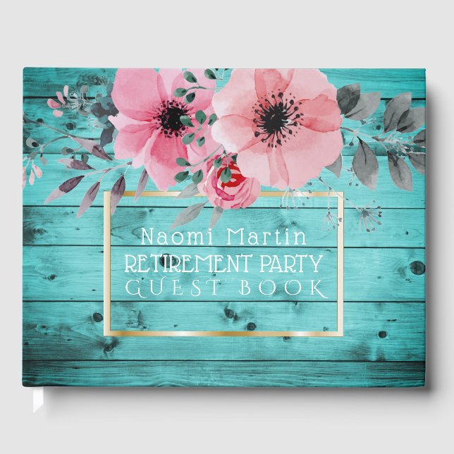 Retirement Party | Rustic Wood Boho Floral Guest Book (Front)