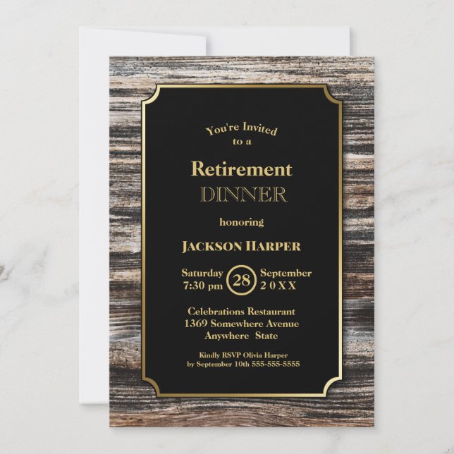 Retirement Party Rustic Wood Gold Border Dinner Invitation (Front)