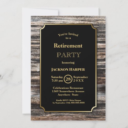 Retirement Party Rustic Wood Gold Border Invitation