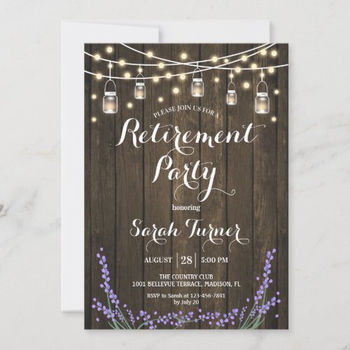 Retirement Party _ Rustic Wood Lavender Lights Invitation