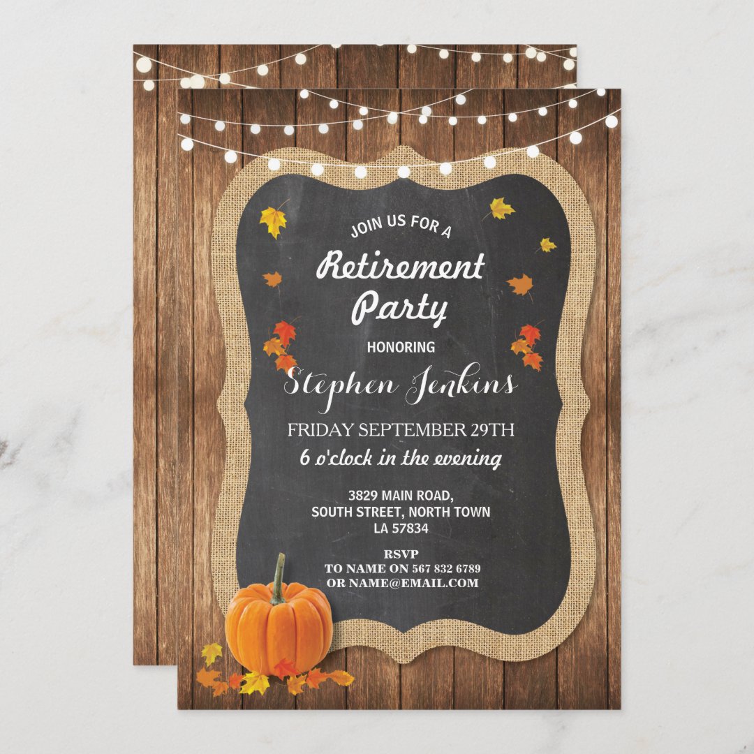 Retirement Party Rustic Wood Pumpkin Chalk Invite | Zazzle