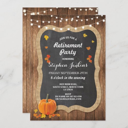Retirement Party Rustic Wood Pumpkin Chalk Invite