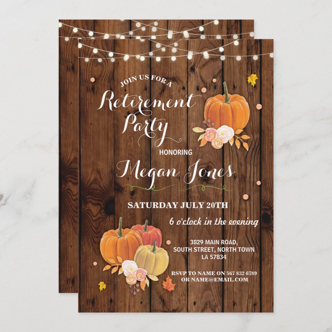 Retirement Party Rustic Wood Pumpkin Invite Lights | Zazzle