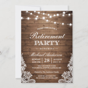 Retirement Party Rustic Wood String Lights Lace Invitation