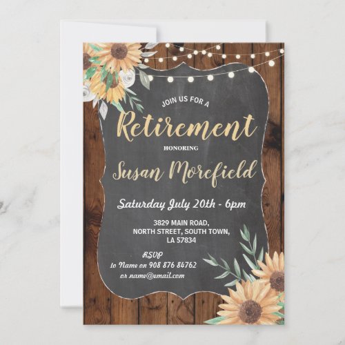 Retirement Party Rustic Wood Sunflower Invite