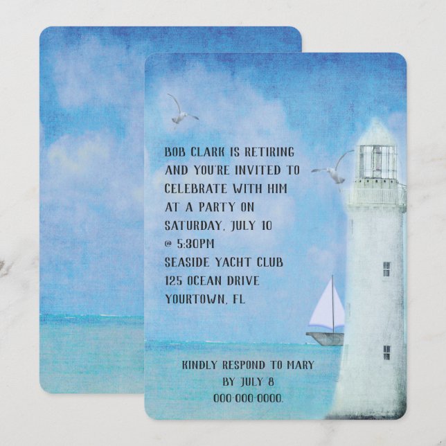 Retirement Party-sailboat  and ocean lighthouse Invitation (Front/Back)
