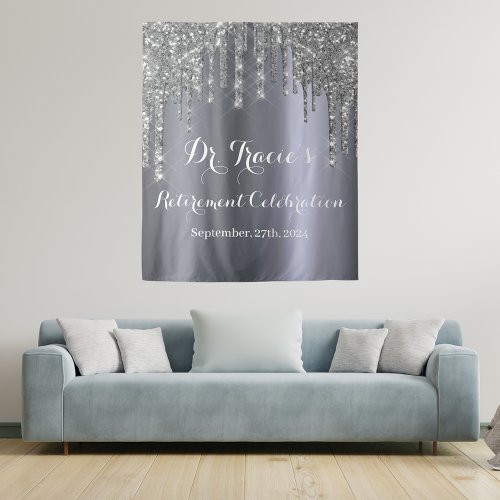 Retirement party silver glitter drips tapestry