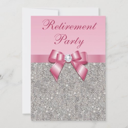 Retirement Party Silver Jewels Pink Faux Bow Invitation